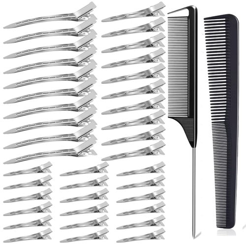 90Pcs Metal Duck Billed Hair Clips,curl clips with 1pcs Rat Tail Comb and 1pcs Hair Dressing Combs Sliver Alligator Hair Clips for Salon, Styling Sectioning,Doing Makeup 3 Sizes Roller Clips.