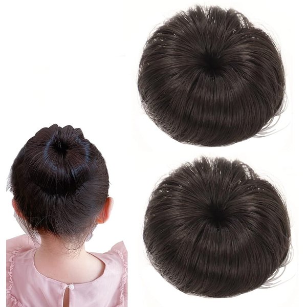 VANTOBEST 2PCS Synthetic Fiber Hair Bun with Alligator Clip Hair Extension Chignon Donut Bun Wig Hairpiece Fake Ballet Messy Bun Short Ponytail Wig Bun for Little Girls Small Size (Dark Brown)