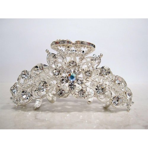 Generic Silver metal flower crystal hair claw clip bridal clip for medium fine hair
