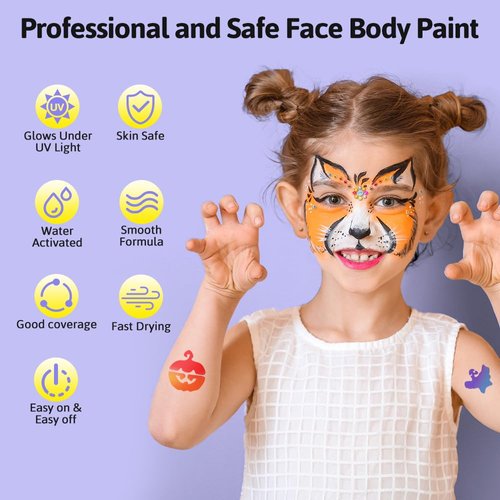 Janolia Face Painting Kit for Kids, Rainbow Face Paint Kit, UV Fluorescent Split Cake Face Paint, Water Activated Face Paint Body Paint, Ideal Facepaint Makeup Kit for Kids Halloween Carnival Easter