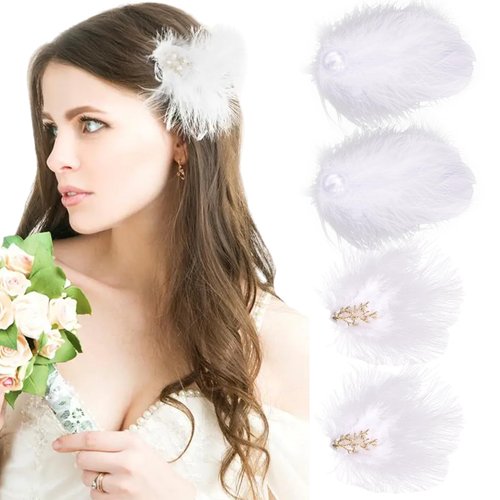 Generic 4Pcs Feather Hair Clip Artificial Swan Ostrich Pearl Rhinestones Ballet Style Hair Pins for Women Girls Bride Wedding Party Festival Stage Performance Hair Accessories, White
