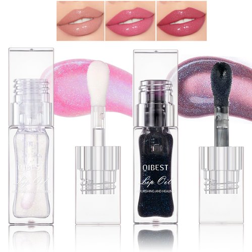 Magic Color Changing Lip Oil Temperature Change Lip Glow Oil Moisturizing Plumping Lip Gloss, No-Sticky Transparent Lip Care Tinted Lip Gloss Oil (Clear Shimmer+Black)