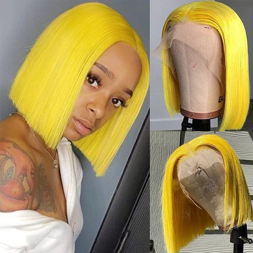 Yellow Human Hair Bob Wigs 13x4 Lace Front HD Transparent 12inch Brazilian Remy Hair Silky Straight Bleached Knot with Baby Hair Middle Part Pre Plucked 180% Density Virgin Hair Glueless Yellow Bob