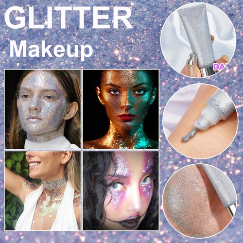 Body Glitter Gel Set Holographic Glitter Festival Makeup for Face Hair Rave Accessories Body Shimmer Glitter Liquid Lotion(Sliver+Gold+White)