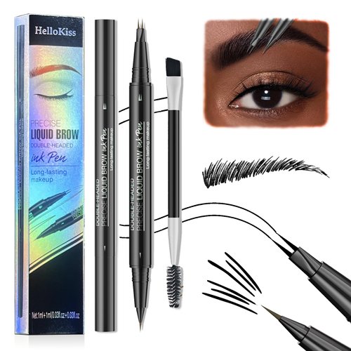 Hello Kiss Microblading Eyebrow Pen, Trailott Eyebrow Pen 2 Fork Tip, Hello Kiss Curved Eyebrow Pen, Trailott Microblading Eyebrow Pencil, Hellokiss Precise Liquid Eyebrow Pen (05#BLACK)