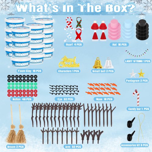 16 Pack Snowman Kit, Build a Snowman Craft Kit for Kids, Christmas Craft Creative Air Dry Clay Modeling Dough Crafts, Enhance Creativity Gifts Christmas Winter School Xmas Creative Supplies Decoration
