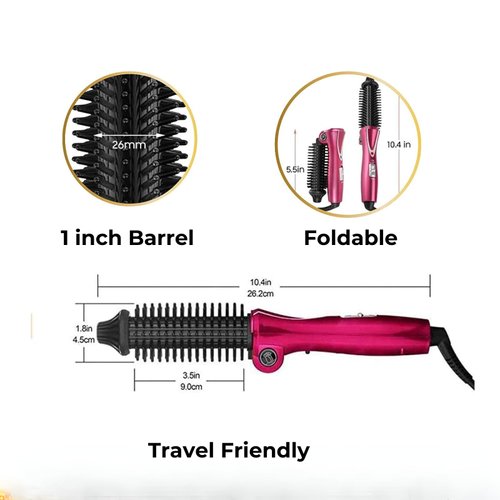 Mini Collaspe Hair Curler, Tangle-Free Curling Iron Brush and Volumizer, 1 inch Dual Voltage Travel-Friendly Tourmaline Ceramic Ionic Brush Styling Wand（Don't Blow Air