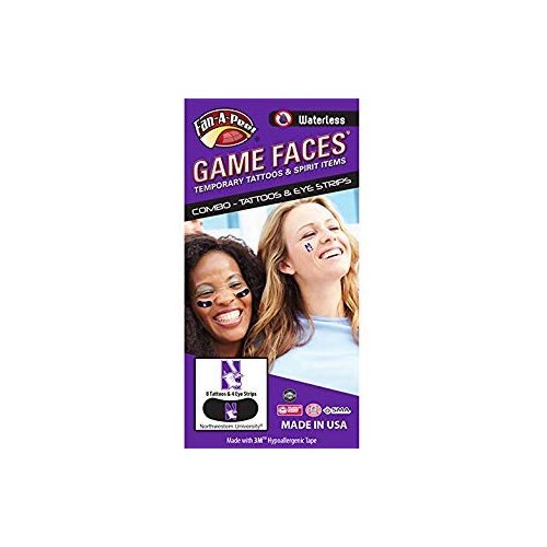 Northwestern University (NU) Wildcats – Waterless Peel & Stick Temporary Tattoos – 12-Piece Combo – 8 Purple/White Cat Head N Logo Spirit Tattoos & 4 Purple/White Cat Head Logo on Black Eye Strips