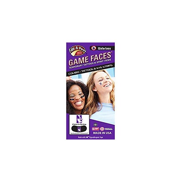 Northwestern University (NU) Wildcats – Waterless Peel & Stick Temporary Tattoos – 12-Piece Combo – 8 Purple/White Cat Head N Logo Spirit Tattoos & 4 Purple/White Cat Head Logo on Black Eye Strips