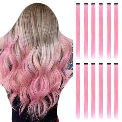 BUMMSEVEN 12 Pcs Pink Hair Extensions Clip in for Girls Kids, 22 Inch Long Streak Straight Ins Heat Resistant Colored Synthetic, Using for Halloween Costume Party Play Highlights