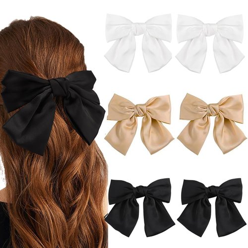 Ahoney 6 Pack Satin Hair Accessories for Women & Girls: Bowknot Ribbons, Cute Bow Barrettes for Ponytails (Black/Khaki/White)
