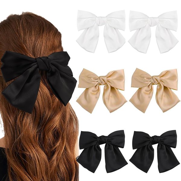 Ahoney 6 Pack Satin Hair Accessories for Women & Girls: Bowknot Ribbons, Cute Bow Barrettes for Ponytails (Black/Khaki/White)