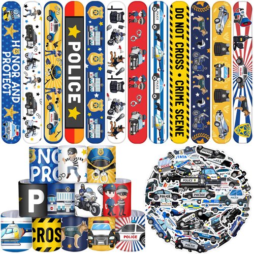 YYMYMGJ 74PCS Police Party Favors 24PCS Police Officer Slap Bracelets 50PCS Police Stickers Police Cars Stickers for Police Party Decorations Kids Gifts Classroom Rewards Prizes Carnival Christmas