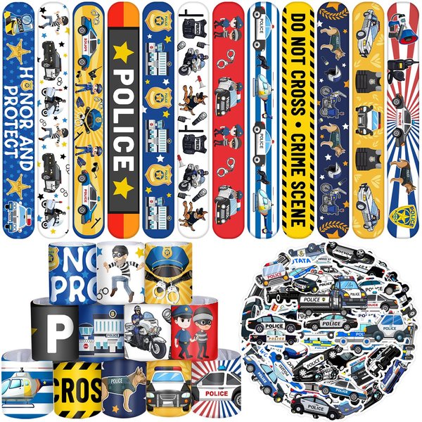 YYMYMGJ 74PCS Police Party Favors 24PCS Police Officer Slap Bracelets 50PCS Police Stickers Police Cars Stickers for Police Party Decorations Kids Gifts Classroom Rewards Prizes Carnival Christmas