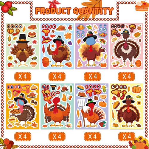32 Sheets Make A Turkey Stickers, Thanksgiving Stickers for Kids, Make Your Own Thanksgiving Turkey Stickers, Thanksgiving Turkey Games Crafts Stickers, Thanksgiving Party Favors Supplies