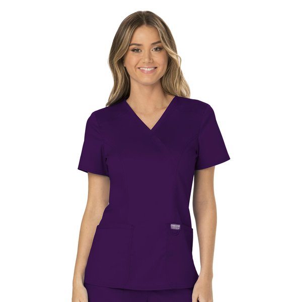Cherokee Scrubs for Women Mock Wrap Top with 3 Pocket, Back Princess Seams WW610, M, Eggplant