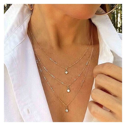 Yheakne Boho Layered Crystal Necklace Gold Rhinestone Pendant Chain Necklace Vintage Multi Strand Necklace Chain Jewelry for Women