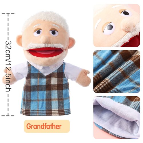 1 Pcs Family Hand Puppets 12 Inch Grandparents, Mom & Dad, Brother & Sister Plush Hand Puppet Toys Role-Play Toy Puppets for Kids Storytelling Imaginative Pretend Play Teaching Preschool(Grandfather)