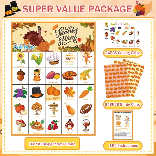 VESPRO 46PCS Thanksgiving Bingo Game Cards for 30 Players Thanksgiving Day Party Games Fall Bingo for Kids Party Classroom Activities