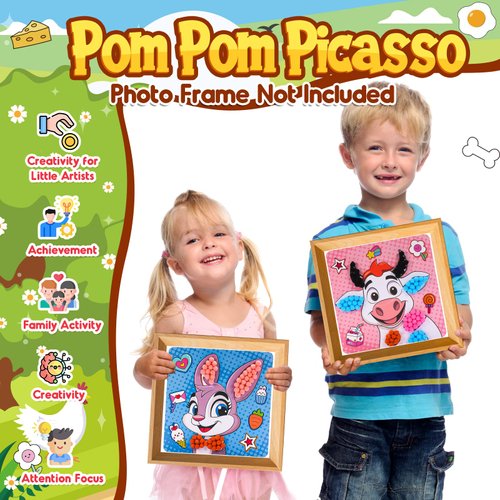 Girls Gifts Pom Pom Crafts 6PCS 7.9-Inch, Pom Pom Art Kit & Crafts for Kids Ages 2-4 4-8 6-8, Toddler Crafts Kits Art Projects, DIY School Supplies Kit, Birthday Christmas Gifts (Animal Farm Set)