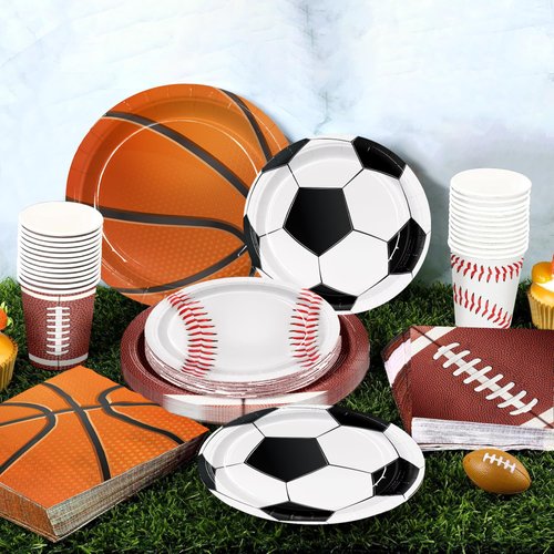 Sports Birthday Party Decorations 150pcs Sports Party Plates Napkins Baseball Football Soccer Basketball Rugby Disposable Paper Plates Napkins Cup for Boy Birthday Party Supplies Sever 30 Guests