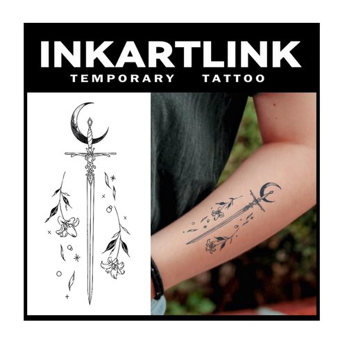INKARTLINK Tattoo Tech, 2 Sheets Medium Semi Permanent Tattoo, Adult Art Design Temporary Tattoos, Lasts 1-2 Weeks, Waterproof, Realistic Look (Floral Language Series: Moonlight Sword Design)