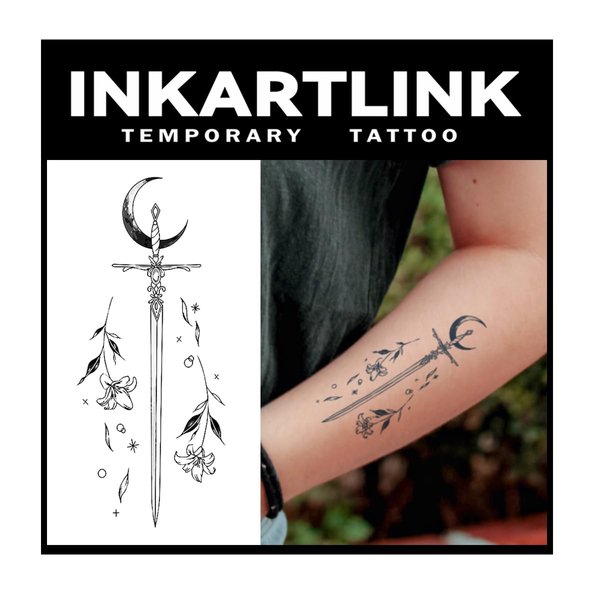 INKARTLINK Tattoo Tech, 2 Sheets Medium Semi Permanent Tattoo, Adult Art Design Temporary Tattoos, Lasts 1-2 Weeks, Waterproof, Realistic Look (Floral Language Series: Moonlight Sword Design)