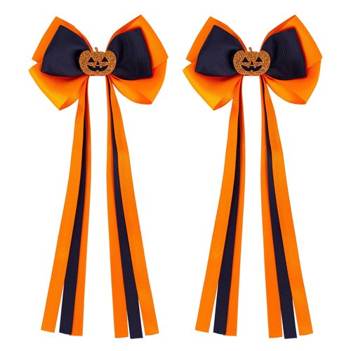 Halloween Hair Bows for Girls, Beleki Glitter Pumpkin Hair Bow Clips Long Tail Hair Bows Handmade Grosgrain Ribbon Bows Kids Trick or Treat Hair Accessory for Halloween Party