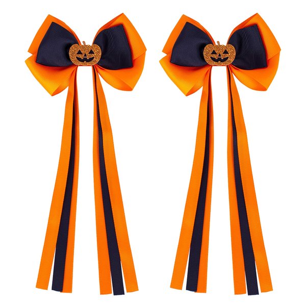 Halloween Hair Bows for Girls, Beleki Glitter Pumpkin Hair Bow Clips Long Tail Hair Bows Handmade Grosgrain Ribbon Bows Kids Trick or Treat Hair Accessory for Halloween Party
