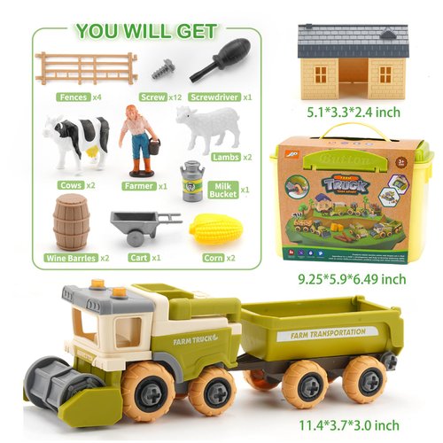 Eaciilee Sandbox Toys - Combine Harvester Truck Toy with Trailer - Farm Sand Box Toys Vehicle with Farm Animal Cows, Lambs, Outdoor Beach and Sand Toy Trucks - Gifts for Boys Girls Kids