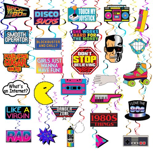 28 Piece 80s Party Hanging Swirls Decorations, Throwback 1980s Themed Party Supplies and Favors