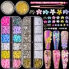 4400pcs 3D Flower Nail Charms and Gems, Colorful Acrylic Flower Charms for Nails Design,4 Boxes Nail Art Rhinestones and Flatback Pearl Nail Charms,Silver Gold Caviar Beads with Wax Pencil Tweezers