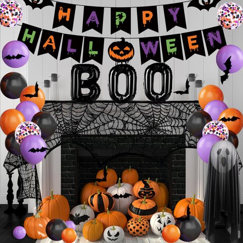 MEHOFOND Halloween Decorations Indoor Set 63Pcs , Spider Web Fireplace Mantel Scarf, Halloween BOO Balloon, Halloween Bats Stickers, Happy Halloween Banner Party Supplies for Home Decor