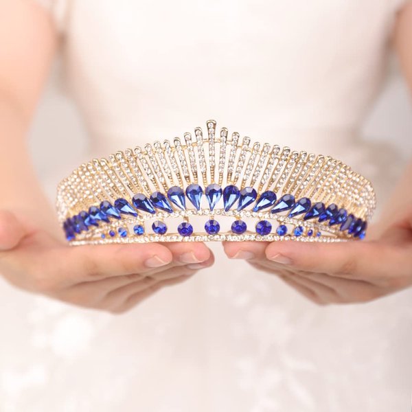 JWICOS Baroque Tiara Queen Crown for Women Bridal Wedding Tiara and Crown for Brides Crystal Princess Tiara for Girls Rhinestone Tiara Headband for Birthday Pageant Prom (Blue)