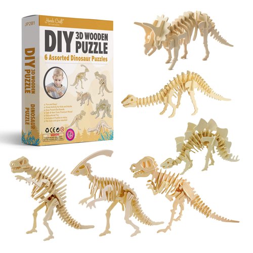 Hands Craft DIY 3D Wooden Puzzle – 6 Assorted Dinosaur Bundle Pack Set Brain Teaser Puzzles Educational STEM Toy Adults and Kids to Build Safe and Non-Toxic Easy Punch Out Premium Wood JP2B1
