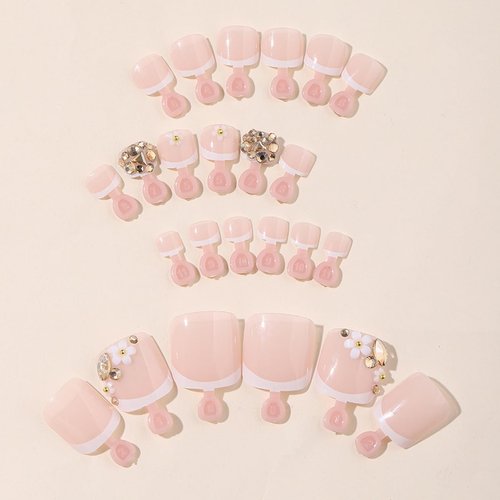 Flower Press on Toenails - 3D Stereoscopic Embossed with Rhinestone Flowers Design, Toe Fake Nails Kit with 24 Nails,24pcs jelly glue stickers,1pcs mini nail file,1pcs wooden stick Nails for Women