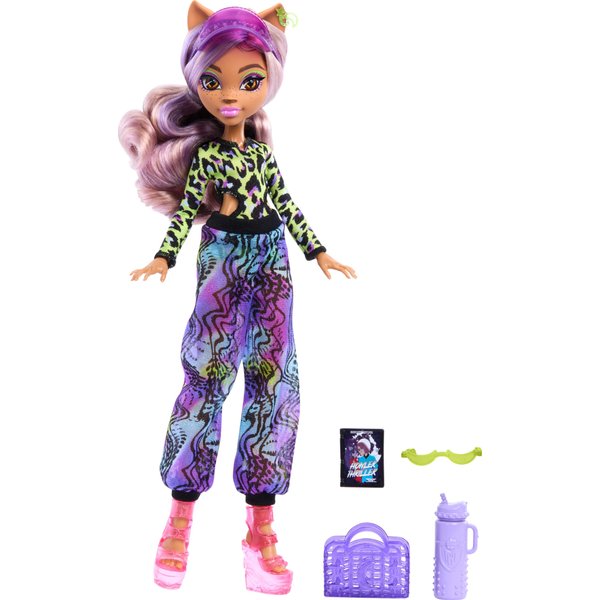 Monster High Scare-adise Island Clawdeen Wolf Doll with Swimsuit, Joggers & Beach Accessories Like Visor, Water Bottle, & Book
