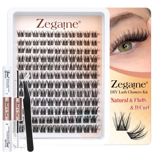 Zegaine Natural Lash Clusters Kit Wispy Eyelash Extensions Kit Natural Eyelash Clusters Cat Eye 10-16MM D Curl Long Individual Lashes DIY Lash Extension Kit with Lash Bond & Seal, Lash Tweezers 132Pcs