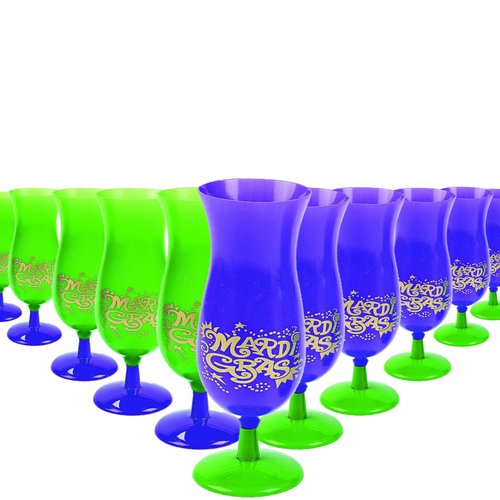 Fun Express Mardi Gras Hurricane Plastic Cups - Bulk Set of 12, Each Holds 16 oz - Party Supplies, Drinkware, Reusable Cups Purple and Green