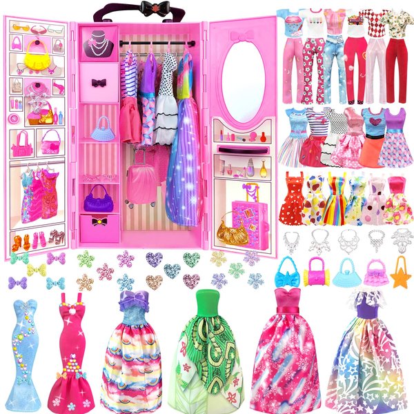 82PCS Doll Clothes and Accessories with Doll Closet for 11.5 Inch Doll - Fashion Design Doll Set Including Wedding Dress Fashion Dresses Outfits Tops and Pants Hangers Bags for Girls