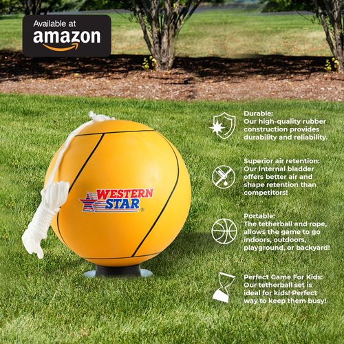 Western Star Tetherball Game Set - Soft-Touch Tether Ball with Durable Attached Rope - Indoor, Outdoor, 5 Colors - Easy Attach & Play - A Classic Family Outdoor Game for Kids (Blue Ball with Rope)