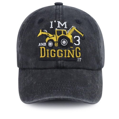 Tallngtha Gifts for 3 Year Old Girl Boy, 3rd Birthday Party Decorations Excavator Baseball Cap, Funny Third Toddler Hat, for Kids Son Daughter Black