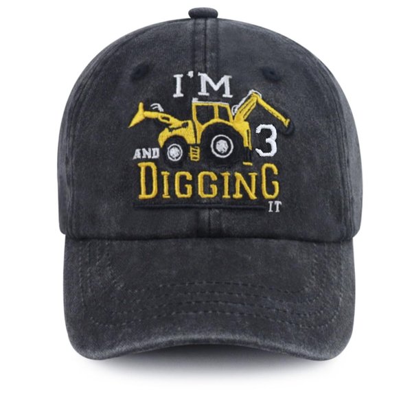 Tallngtha Gifts for 3 Year Old Girl Boy, 3rd Birthday Party Decorations Excavator Baseball Cap, Funny Third Toddler Hat, for Kids Son Daughter Black