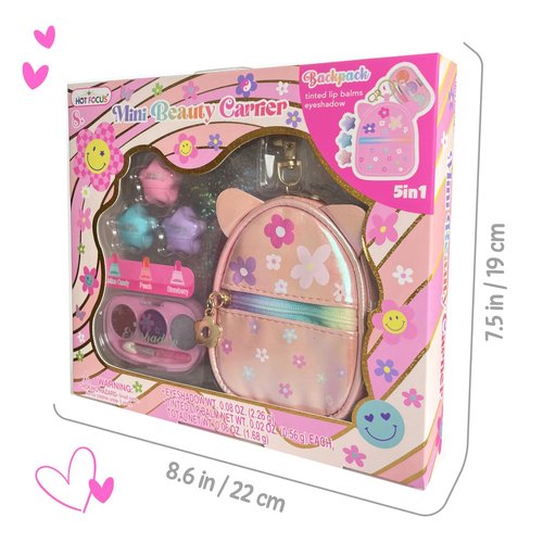 Hot Focus | Bag Makeup Set for Kids, Includes Makeup Kit with Keychain Backpack, 3 Tinted Lip Balms, Eyeshadow with Applicator, and Vinyl Stickers | Suitable for Ages 3+ (Flower)