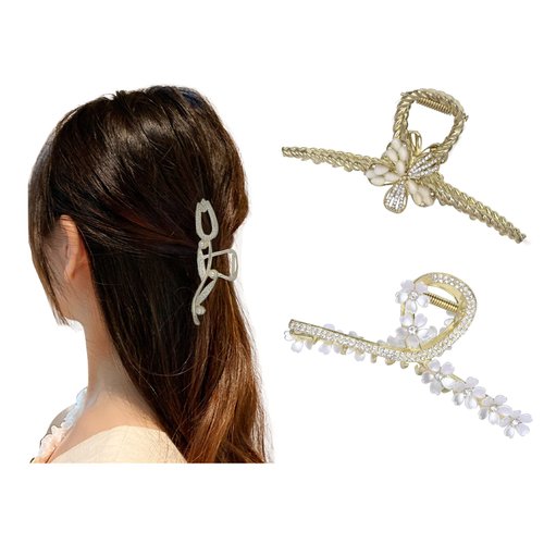 Yonchic 3-Piece Multiple Shapes Metal Hair Clips, Tulip Hair Claws for Thin/Medium Thick Hair, Elegant Camellia Barrettes Strong Hold Clamps Non Slip Cute Rhinestone Catch Accessories