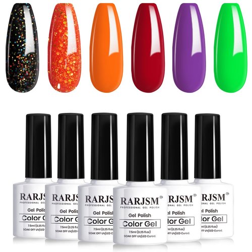 RARJSM Gel Nail Polish Set 6 Colors Black Iridescent Glitter Pumpkin Orange Red Purple Neon Green Autumn Winter Halloween Gel Polish Kit Soak off Salon DIY Home Nail Art Manicure 7.5ML