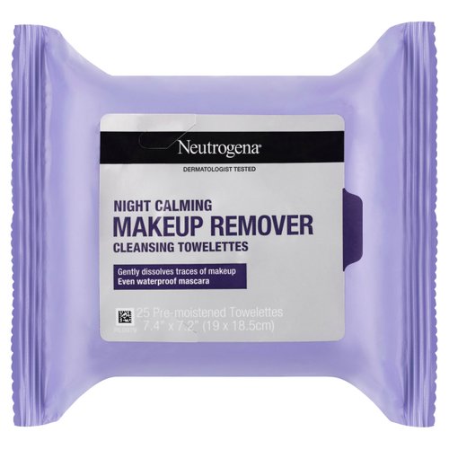 Neutrogena Night Calming Cleansing Makeup Remover Face Wipes, Disposable Nighttime Facial Towelettes to Remove Dirt, Oil, Makeup & Waterproof Mascara, Alcohol-Free, 25 ct