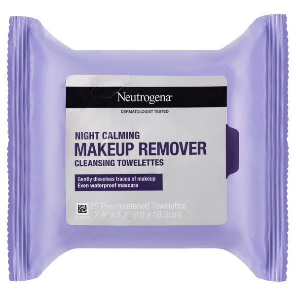 Neutrogena Night Calming Cleansing Makeup Remover Face Wipes, Disposable Nighttime Facial Towelettes to Remove Dirt, Oil, Makeup & Waterproof Mascara, Alcohol-Free, 25 ct
