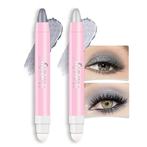 Kaely 2Pcs Cream Eye Shadow Brightener Sticks Set for Eyes Waterproof, Dazzling Grey & Silver Shimmer Cream Eyeshadow Applicator Stick Long Lasting Pigmented Eye Makeup sombras en crema para ojos 2+16
