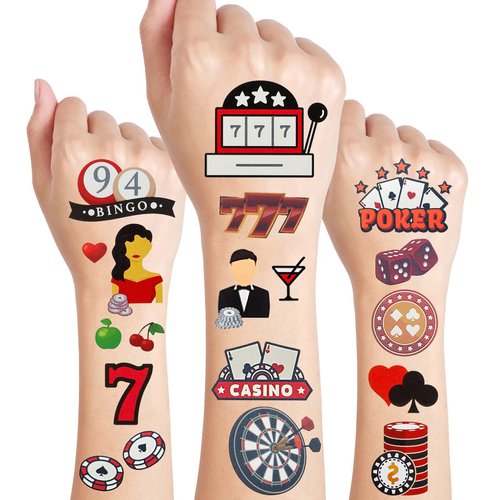 24 Sheets Casino Night Temporary Tattoos, Poker Birthday Decorations Las Vegas Party Favors